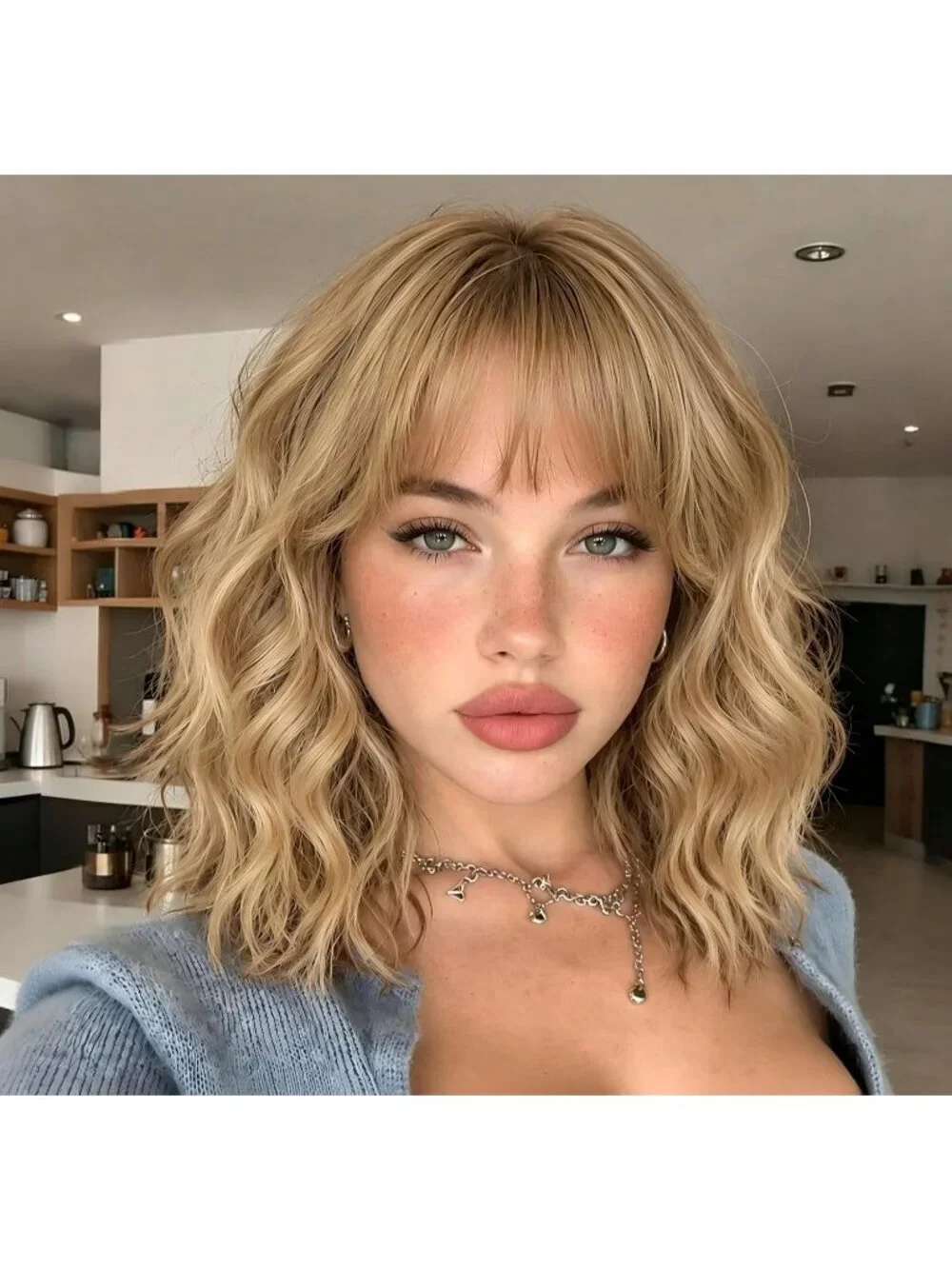 Women's Blonde Ombre 16 Inch Wavy Wig Bangs Shoulder Length Synthetic Hair